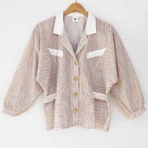 Vtg Pola Oy Finland 80s Striped Blouse Size L Batwing Sleeve Gold Button Scandi